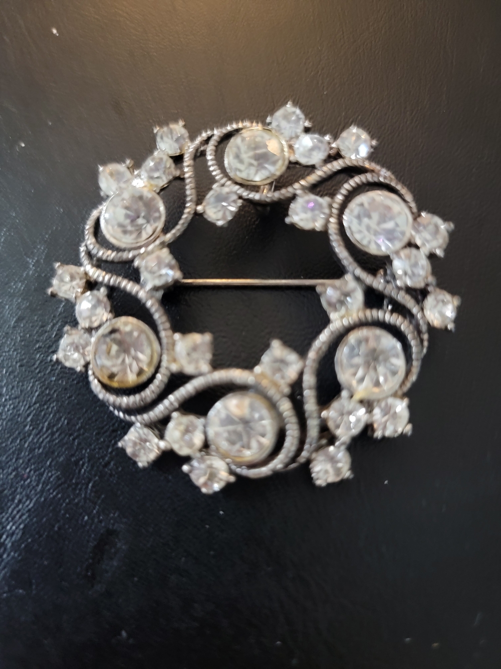 Crystal Circle Wreath Brooch - Silver Tone